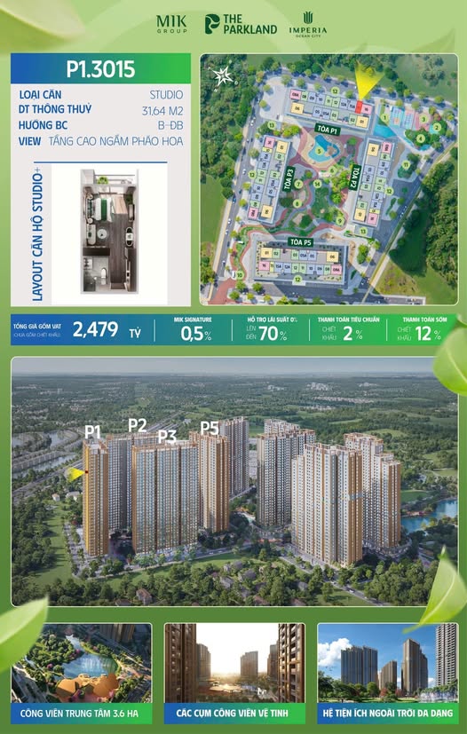 Căn hộ The Parkland Văn Giang 31m² giá 2.479 tỷ - Studio tầng cao view pháo hoa!
