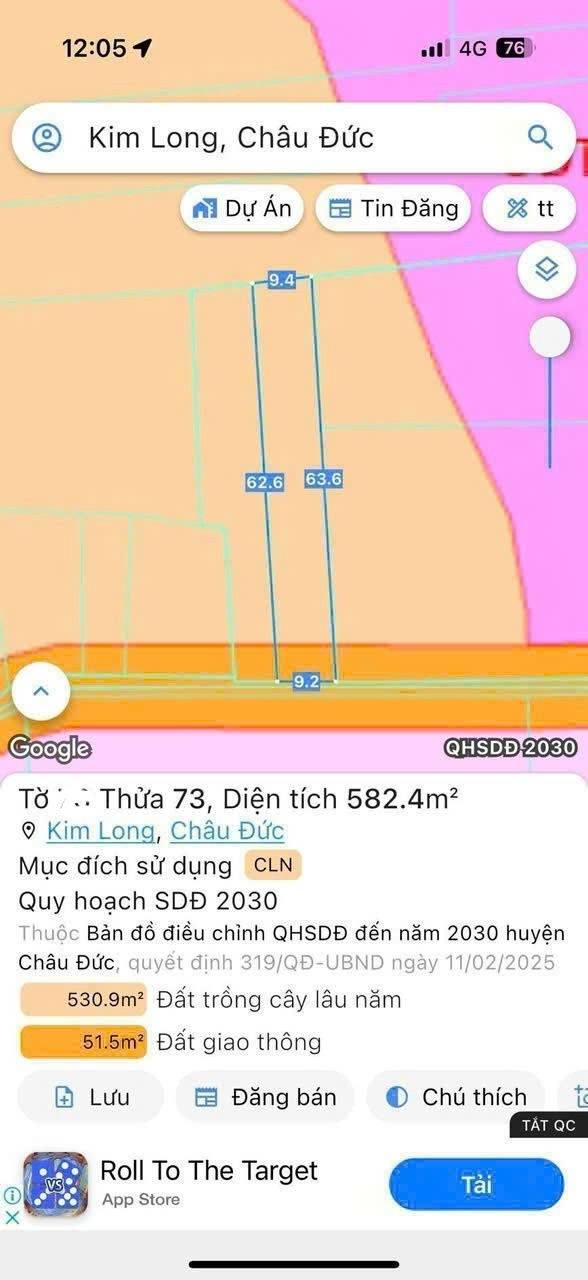Đất nền Kim Long Châu Đức 582m² giá 830 triệu - Đường rộng ô tô vào tận nơi!