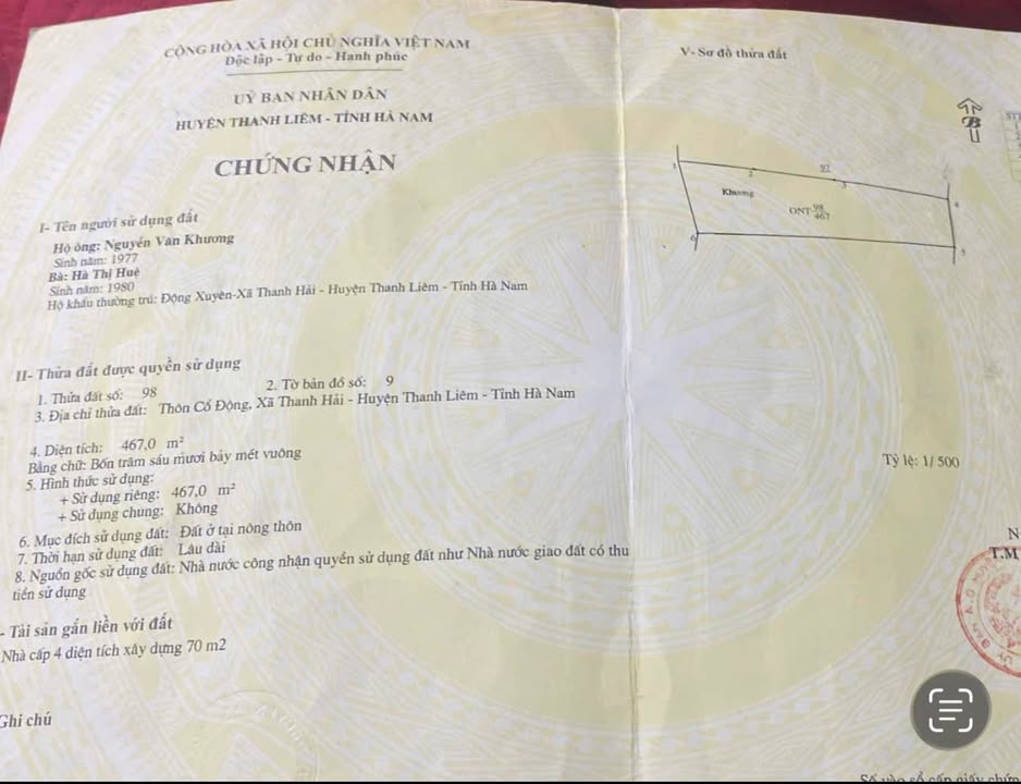 Đất mặt tiền Quốc lộ 1A, Thanh Hải, Thanh Liêm, Hà Nam 467m² giá 15 tỷ - Kinh doanh thuận lợi!