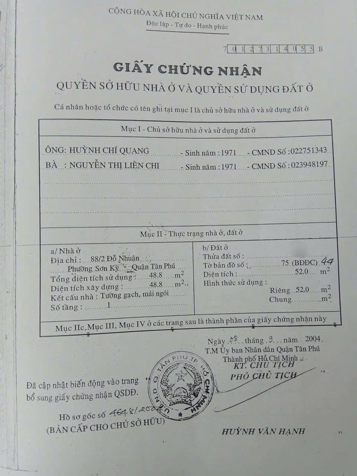 Nhà riêng Sơn Kỳ, Q. Tân Phú, 52m² giá 4.55 tỷ - Chính chủ bán gấp!