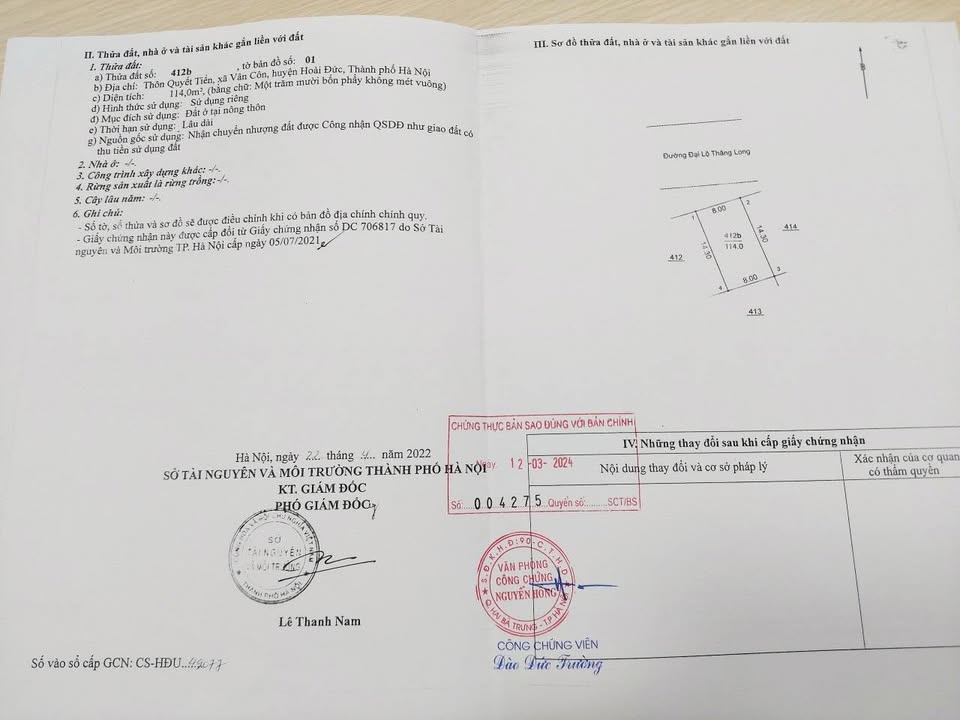 Lô đất mặt đường Đại lộ Thăng Long An Khánh 114m² giá 1.312 tỷ - Đầu tư sinh lời cao!