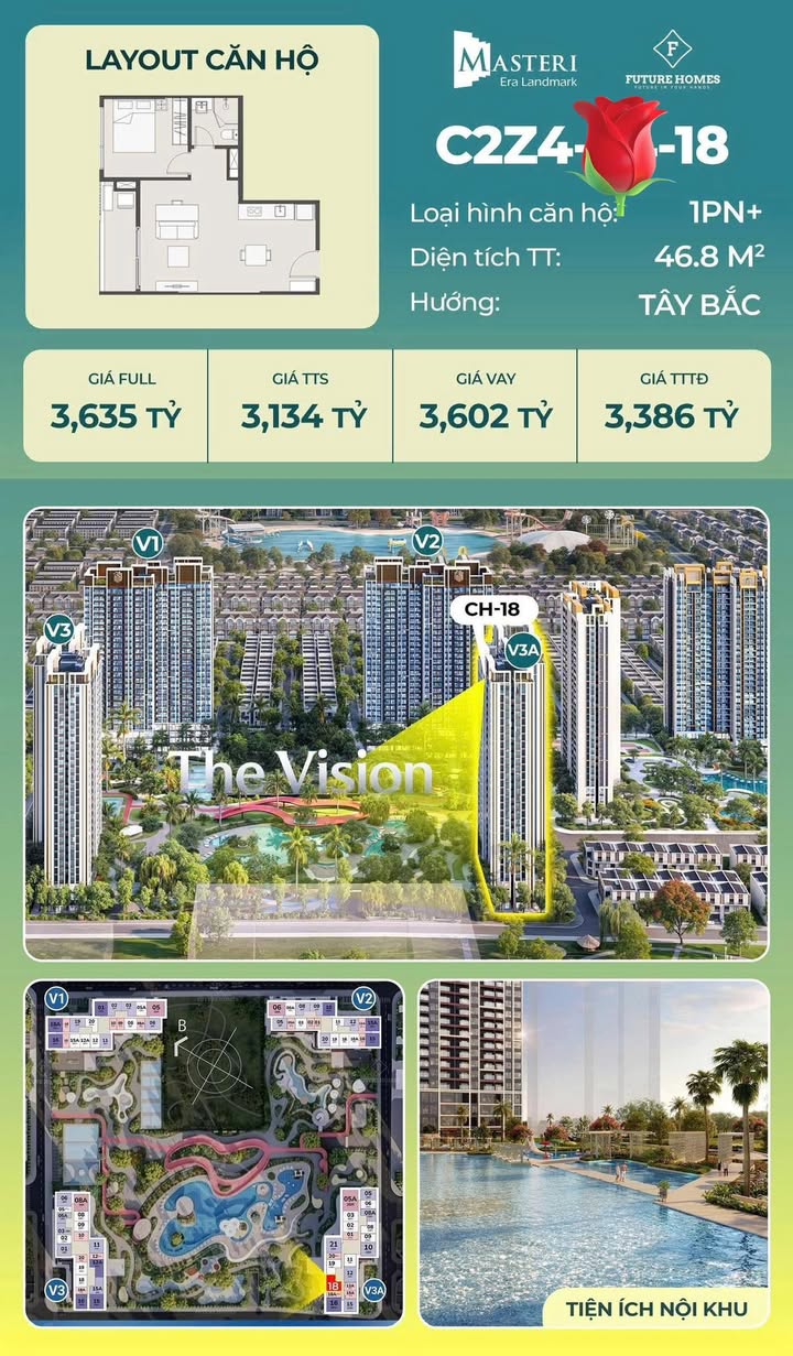 Căn hộ Masteri Era Landmark Văn Giang 45.2m² giá 3.134 tỷ - Không gian sống chuẩn mực giữa lòng đô thị!