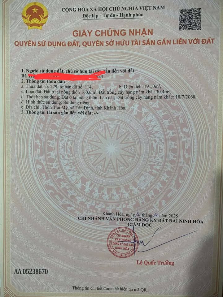 Đất thổ cư 191m² tại Tân Mỹ, Ninh Xuân, giá 300 triệu - Cơ hội đầu tư tuyệt vời!