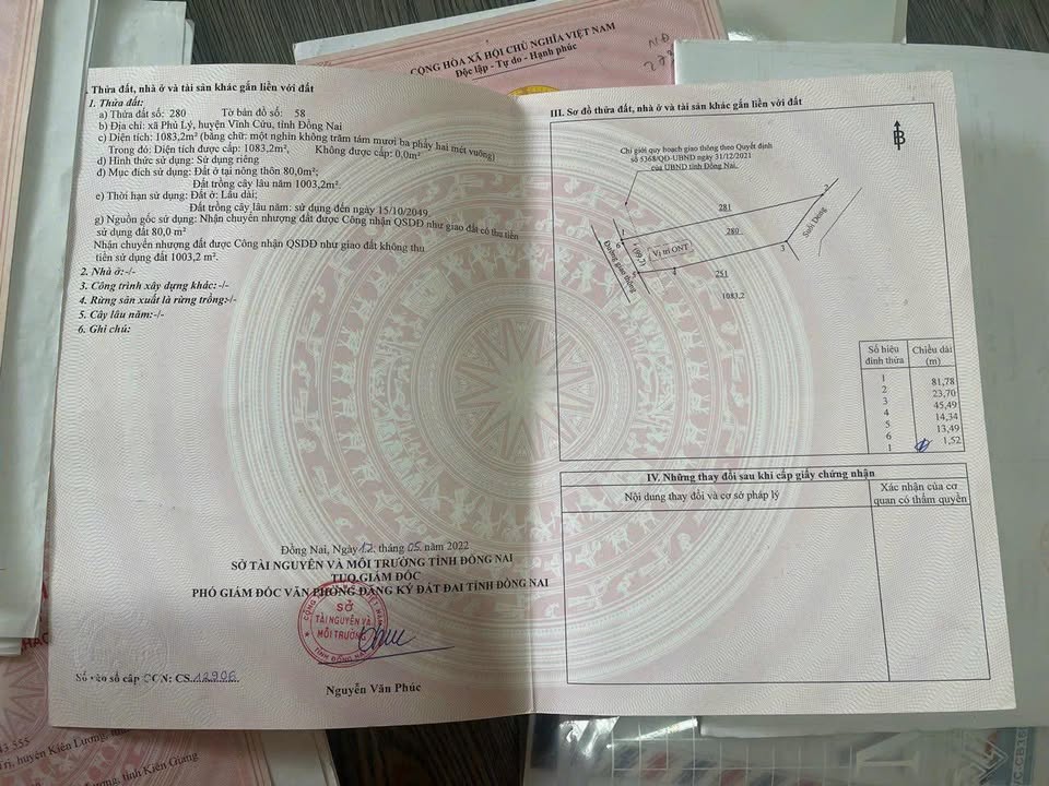 Đất nền 1000m² tại xã Phú Lý, Vĩnh Cửu - Giá 800 triệu, thương lượng nhẹ!