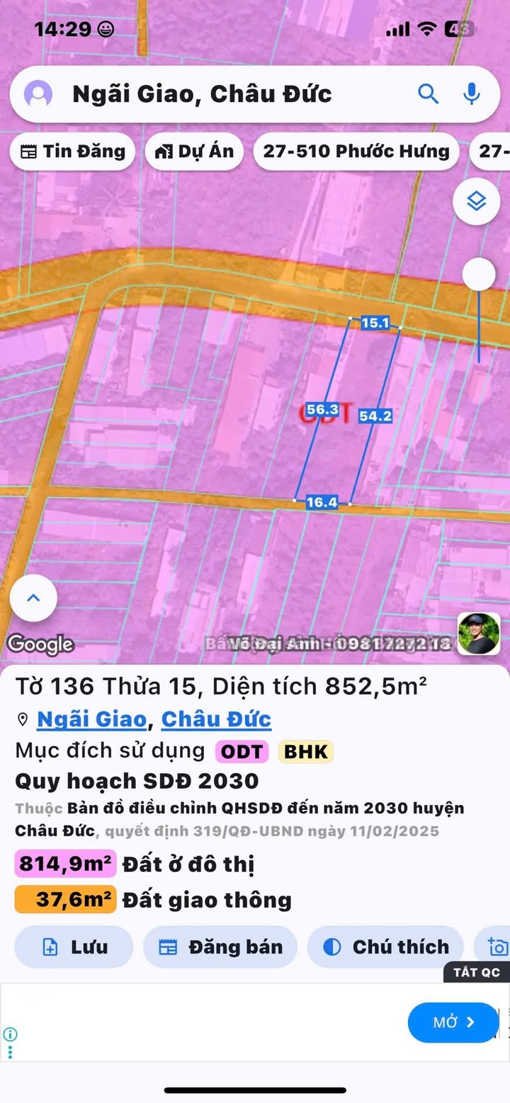 Đất nền Ngãi Giao 840m² giá 350 triệu - Đầu tư sinh lợi ngay!