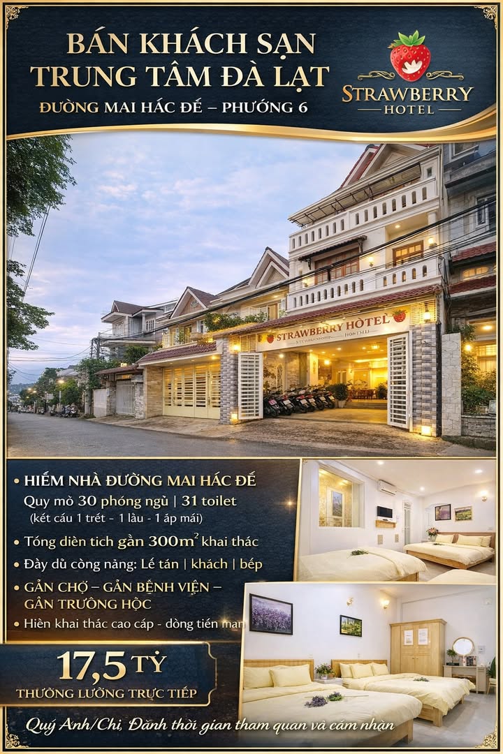 Khách sạn tại Đà Lạt 300m² giá 17.5 tỷ - Lợi nhuận ổn định ngay khi tiếp quản!