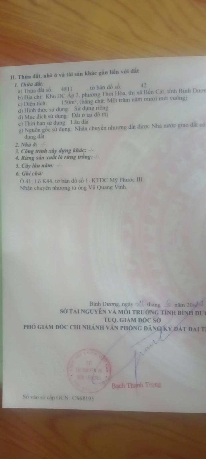 Đất thổ cư 150m² tại Mỹ Phước 3, Bến Cát - Giá chỉ 1.888 tỷ, hướng Nam