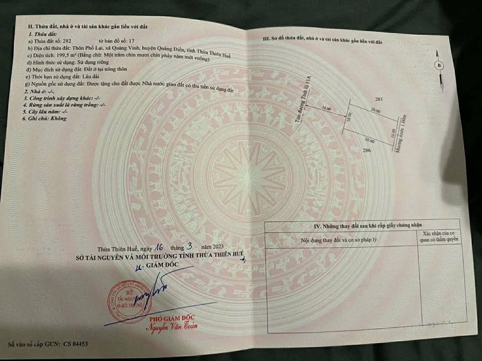 Lô đất 200m² mặt tiền Tỉnh Lộ 11A, Quảng Vinh, Quảng Điền - Sổ hồng chính chủ, giá chỉ 15,5 triệu/m²!