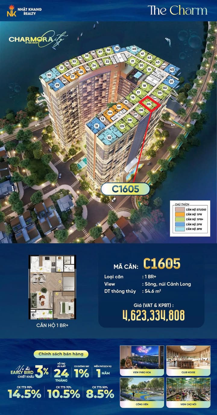 Căn hộ Charmora City Nha Trang 54m² giá 4.623 tỷ - Căn cuối cùng của phân khu đẹp nhất!