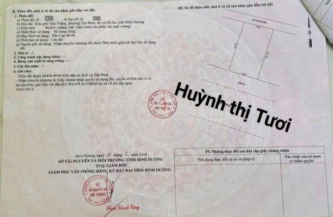 Đất mặt tiền đường Huỳnh Thị Tươi, Tân Đông Hiệp 87m² giá 6.35 tỷ - Đầu tư kinh doanh sinh lời!