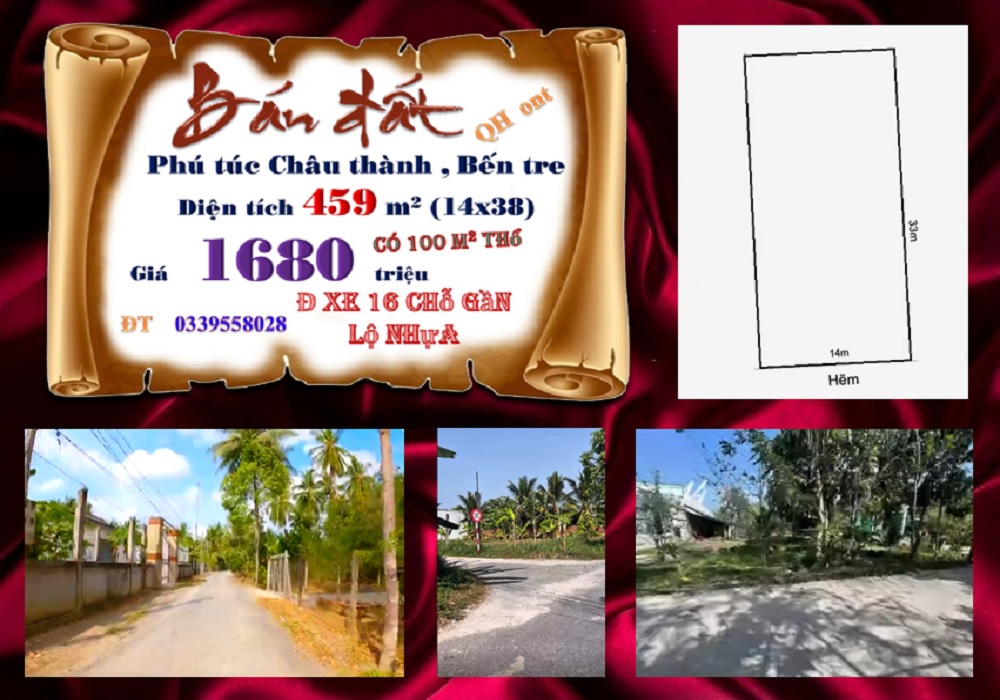 Đất nền Phú Túc Châu Thành Bến Tre 459m² giá 1.68 tỷ - Đường ô tô vào tận nơi!