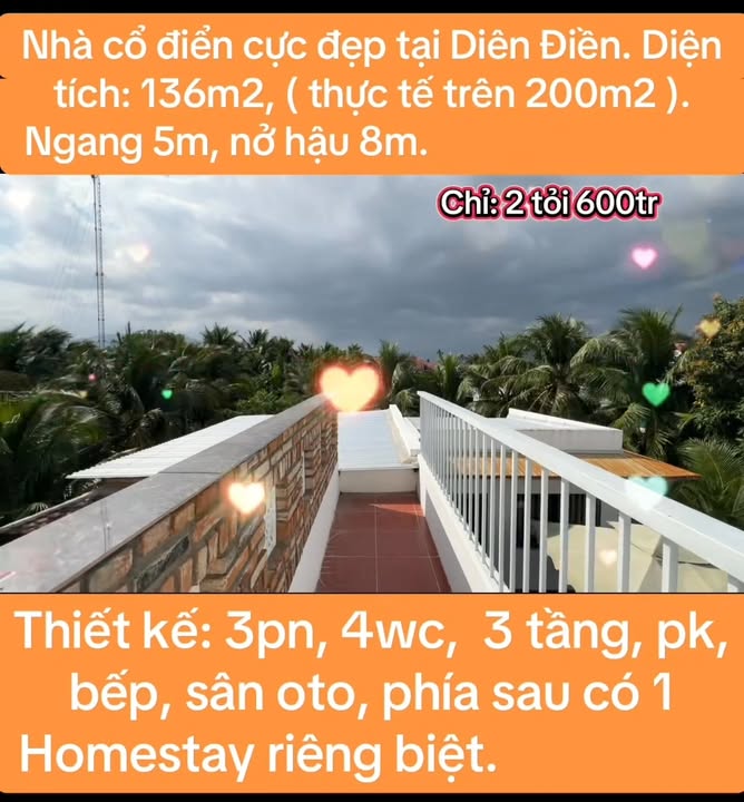 Nhà 3 tầng Diên Điền 136m² giá 2.6 tỷ - Phong cách độc đáo, có homestay riêng!