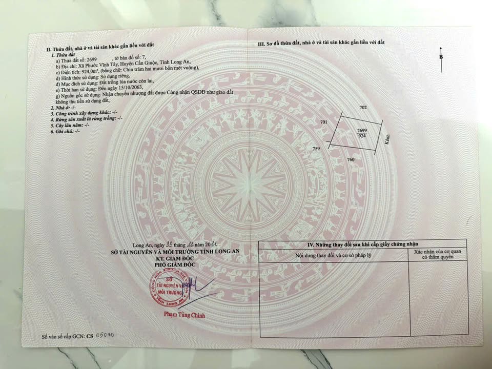 Đất lúa 924m² tại Phước Vĩnh Tây, Cần Giuộc - Bán gấp, giá thỏa thuận!