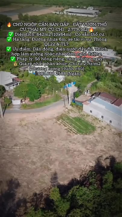 Đất vườn thổ cư Thái Mỹ Củ Chi 642m² giá chỉ 2,7 triệu - Cần bán gấp!