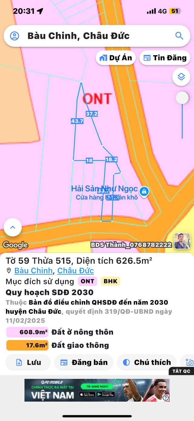 Đất nền Bàu Chinh Châu Đức 626m² giá 626 triệu - Đường nhựa rộng rãi, phù hợp đầu tư!