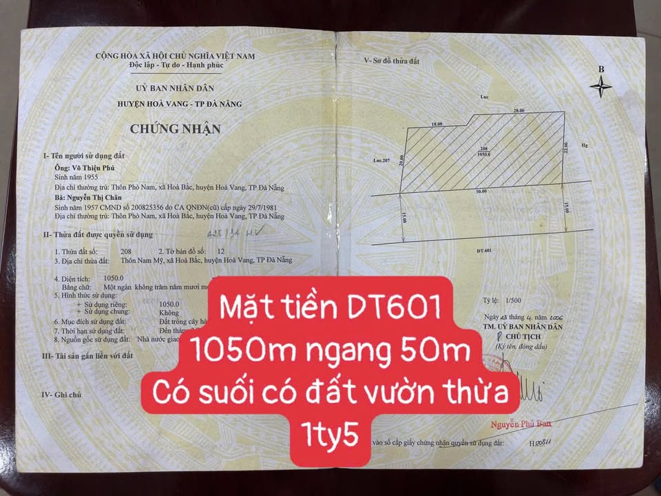 Đất nền mặt tiền DT601, xã Hòa Bắc, 1050m² giá 1.5 tỷ - Cơ hội đầu tư tuyệt vời!