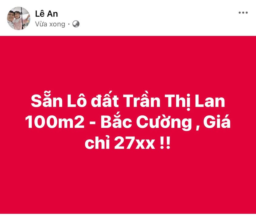 Đất nền 100m² Trần Thị Lan - Bắc Cường giá chỉ 27xx triệu - Cơ hội đầu tư tuyệt vời!