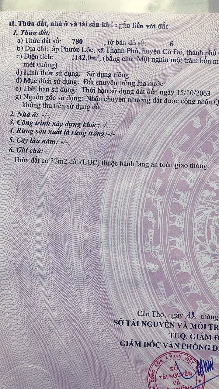 Đất lúa 1143m² tại xã Thạnh Phú, huyện Cờ Đỏ - Giá chỉ 800 triệu, sổ hồng chính chủ!