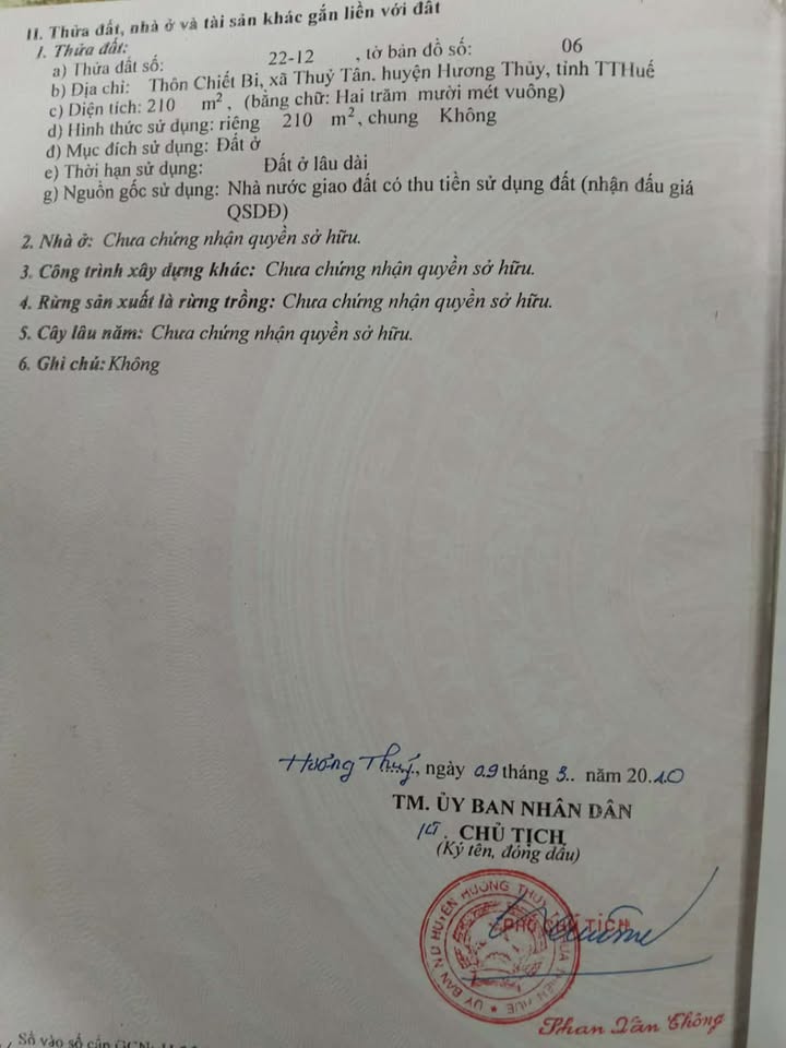 Lô đất thổ cư 210m² tại Thôn Chiết Bi, Hương Thủy - Giá 850 triệu, pháp lý rõ ràng!