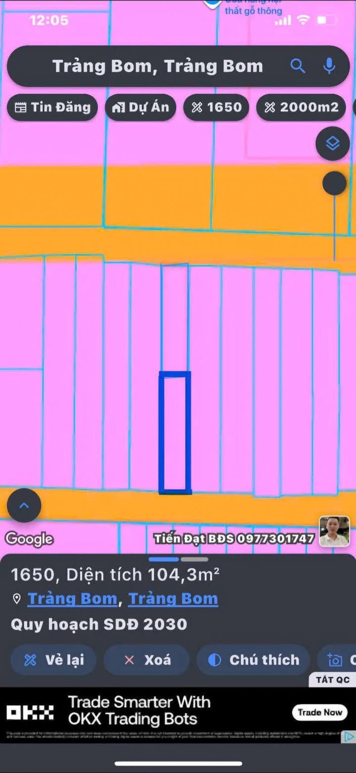 Đất thổ cư tại Thị trấn Trảng Bom 105m² giá 1.35 tỷ - Sổ đỏ chính chủ