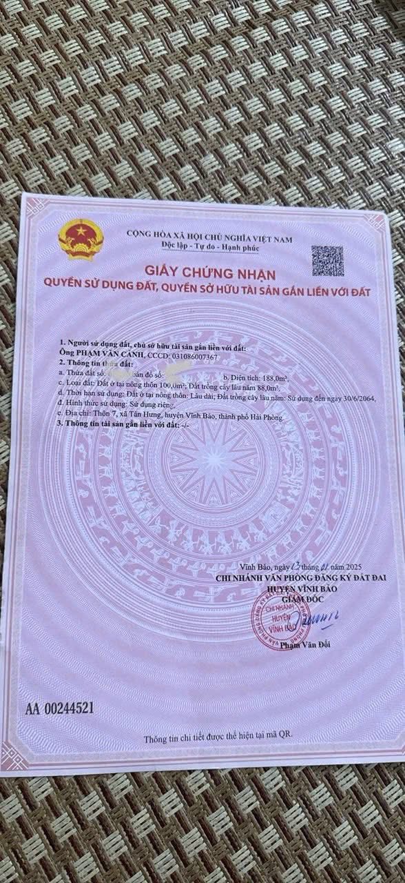 Đất nền Tân Hưng, Vĩnh Bảo 188m² giá 2,1 tỷ - Vị trí thuận lợi, an ninh tốt!