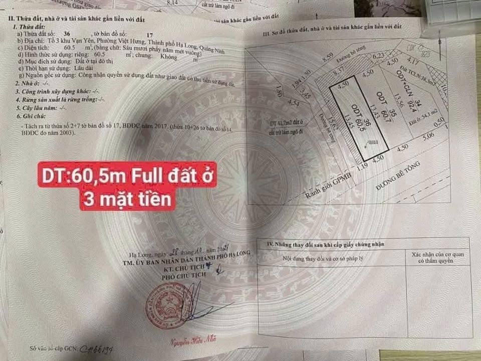 Đất nền khu Vạn Yên, Hạ Long 60.5m² giá 800 triệu - Đường thông ô tô, pháp lý rõ ràng!