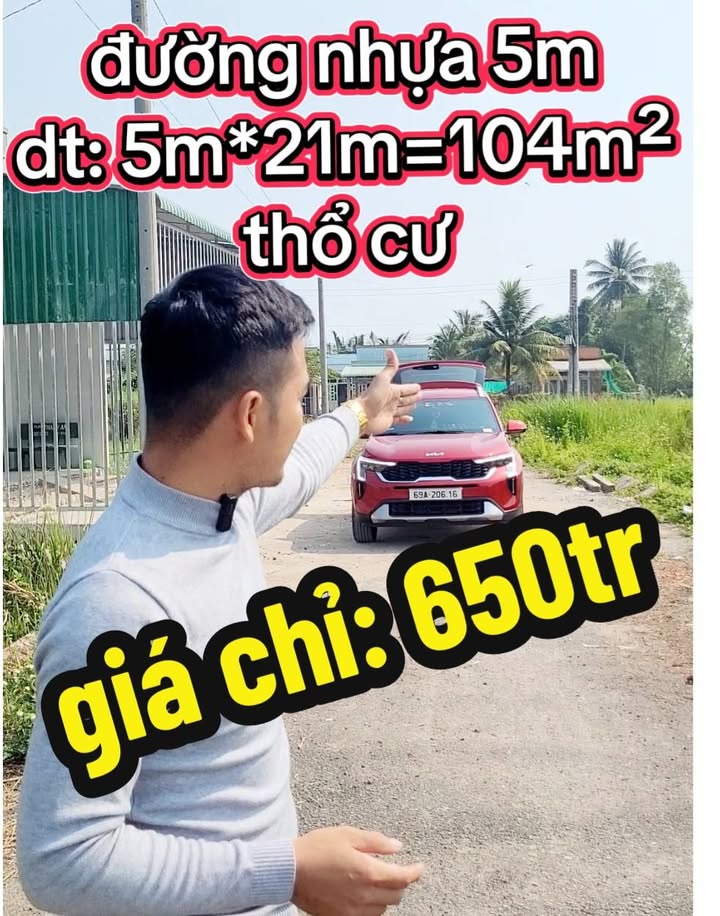 Đất thổ cư 104m² Nhựt Chánh, Bến Lức chỉ 650 triệu - Xây dựng tự do!