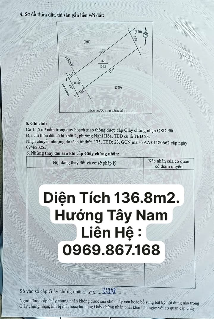 Đất nền đường Hoàng Văn Cư, phường Nghi Hoà, 136.8m² giá 2.75 tỷ - Cơ hội đầu tư sinh lời!