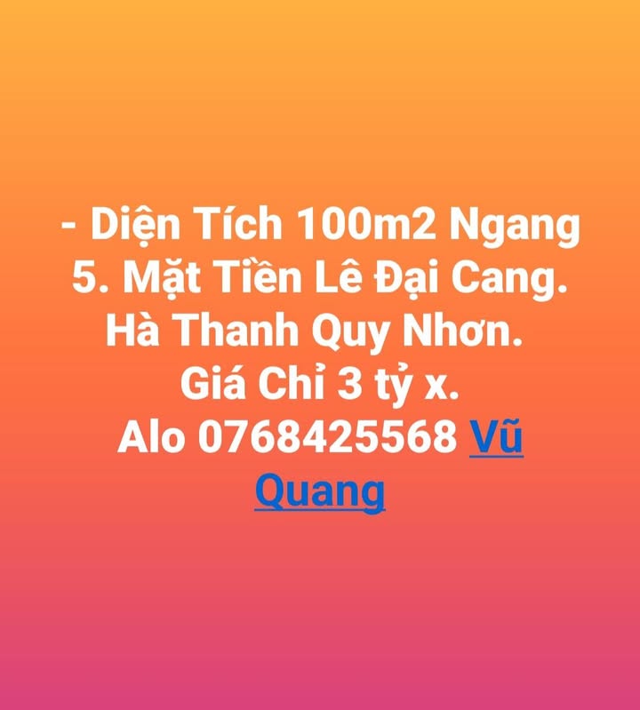 Đất nền mặt tiền Lê Đại Cang, Hà Thanh, Quy Nhơn 100m² giá 3 tỷ - Cơ hội đầu tư hấp dẫn!