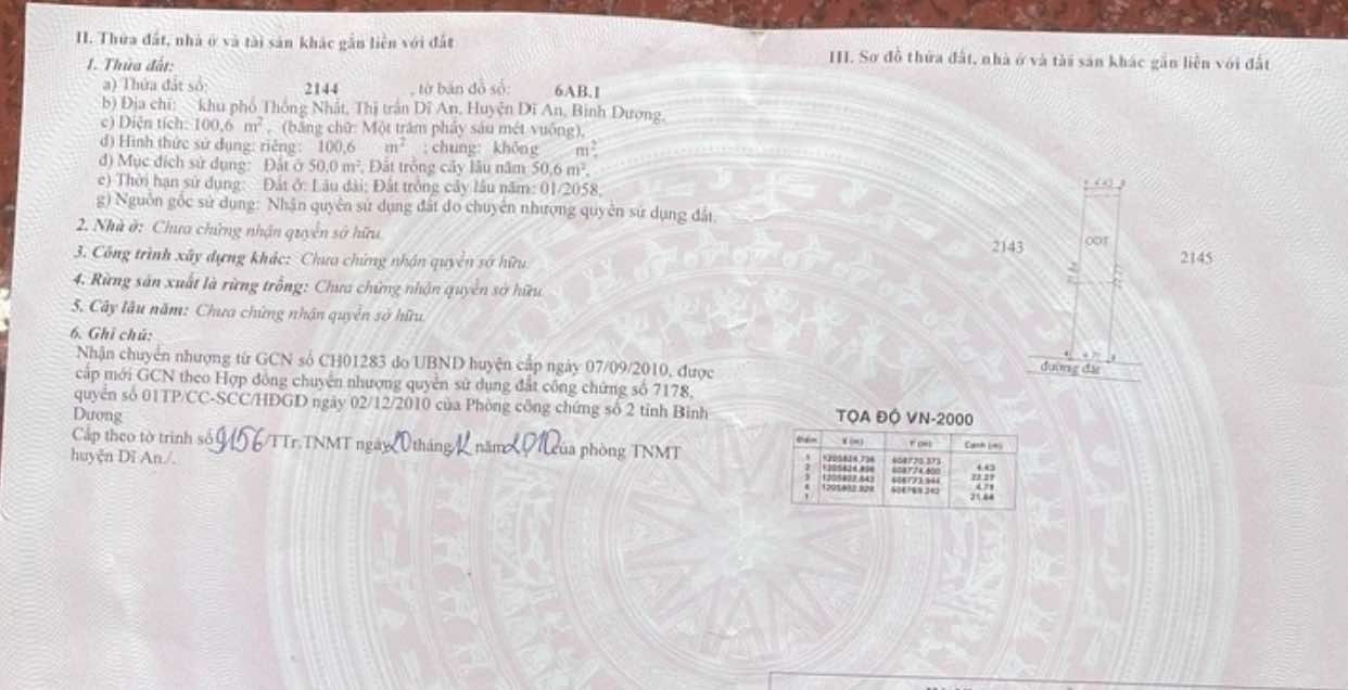 Đất thổ cư Dĩ An 100.6m² giá 3.6 tỷ - Sổ hồng chính chủ!