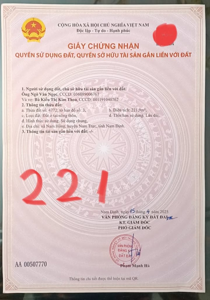 Đất nền Khu giãn dân Nam Hồng 221,9m² - Tiện ích đầy đủ, chính chủ bán!