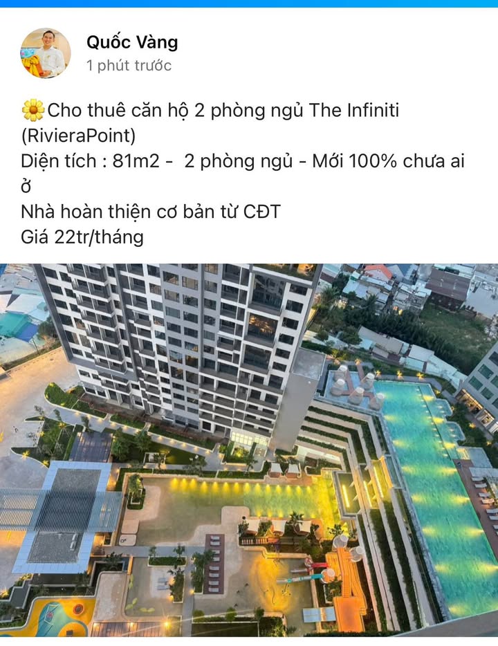 Căn hộ 2 phòng ngủ The Infiniti Riviera Point 81m² giá 22 triệu - Mới 100% chưa ở