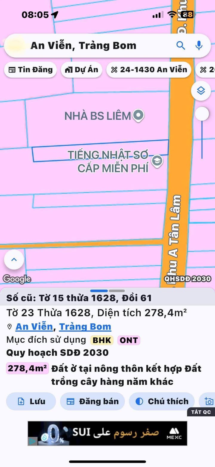 Đất nền Trảng Bom 280.5m² giá 1.75 tỷ - Vị trí đẹp, kinh doanh thuận lợi!