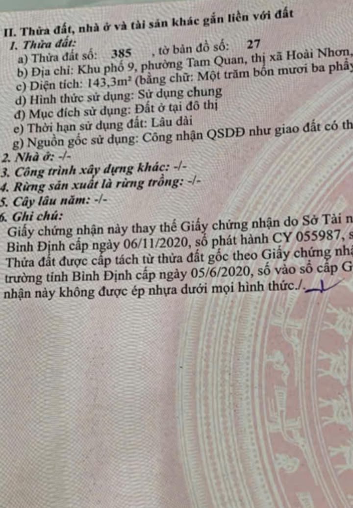 Đất thổ cư khu phố 9 Tam Quan 143m² giá 600 triệu - Cơ hội đầu tư tuyệt vời!