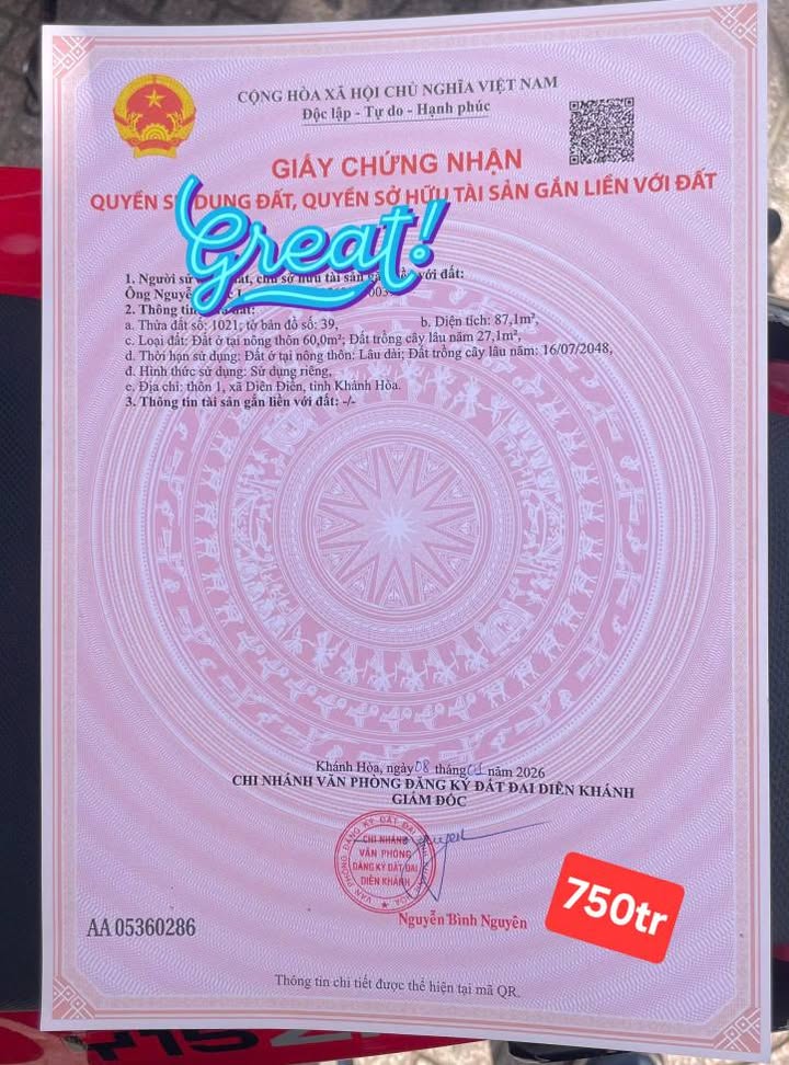 Đất thổ cư Diên Điền 87m² chỉ 750 triệu - Đầu tư sinh lời ngay!