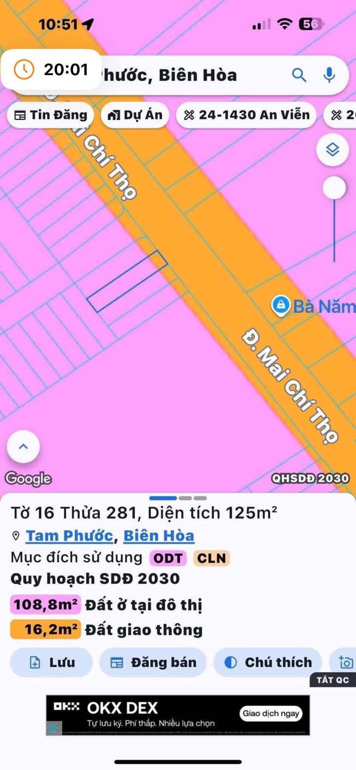 Đất thổ cư mặt tiền Mai Chí Thọ, Tam Phước, 55m² giá 1.6 tỷ - Cơ hội đầu tư tuyệt vời!