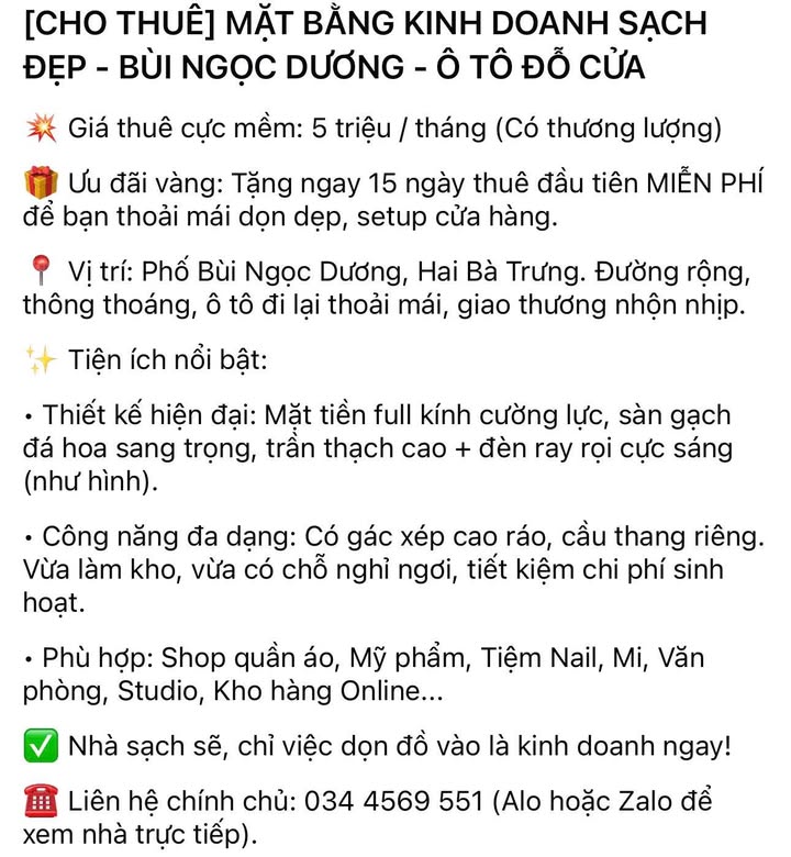 Mặt bằng kinh doanh phố Bùi Ngọc Dương 50m² giá 5 triệu - Chính chủ cho thuê ngay!