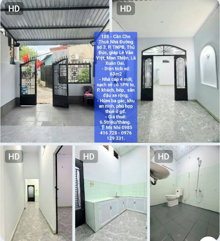 Nhà cho thuê tại Đường số 3, Thủ Đức 63m² - Khu an ninh, giá tốt chỉ 6.5 triệu/tháng!