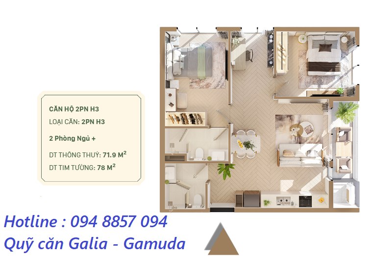 Căn hộ 2PN góc Chung cư Galia Hoàng Mai 68m² - Thông thoáng, giá thỏa thuận!