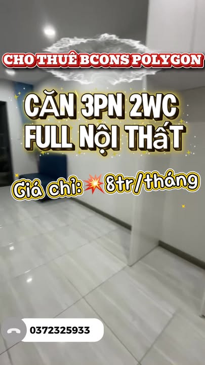 Căn hộ Bcons Polygon Dĩ An 3PN 2WC giá 8 triệu - Sẵn sàng vào ở ngay!
