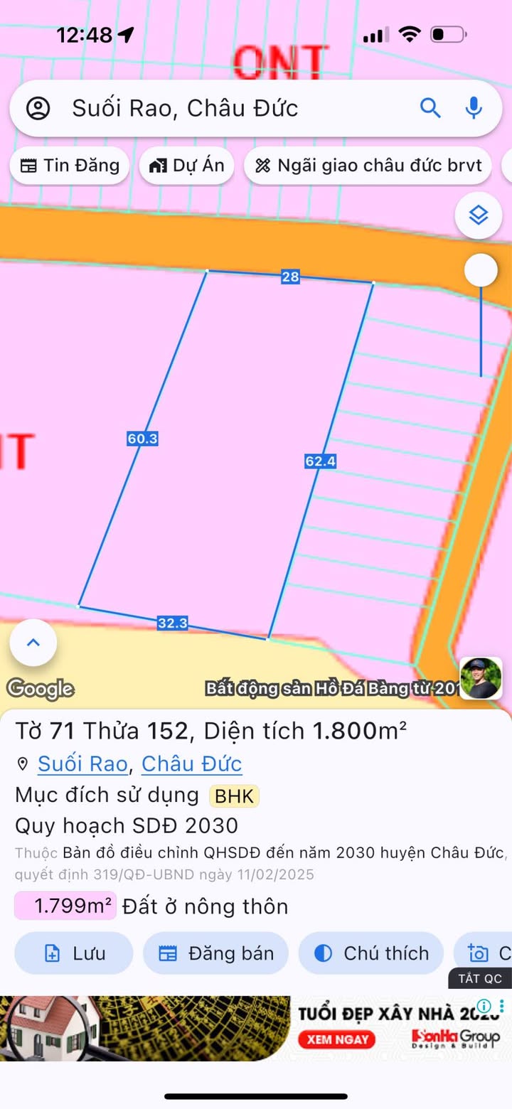 Đất nền 1.8 sào tại Suối Rao, Châu Đức giá 1.9 tỷ - Sổ hồng chính chủ!