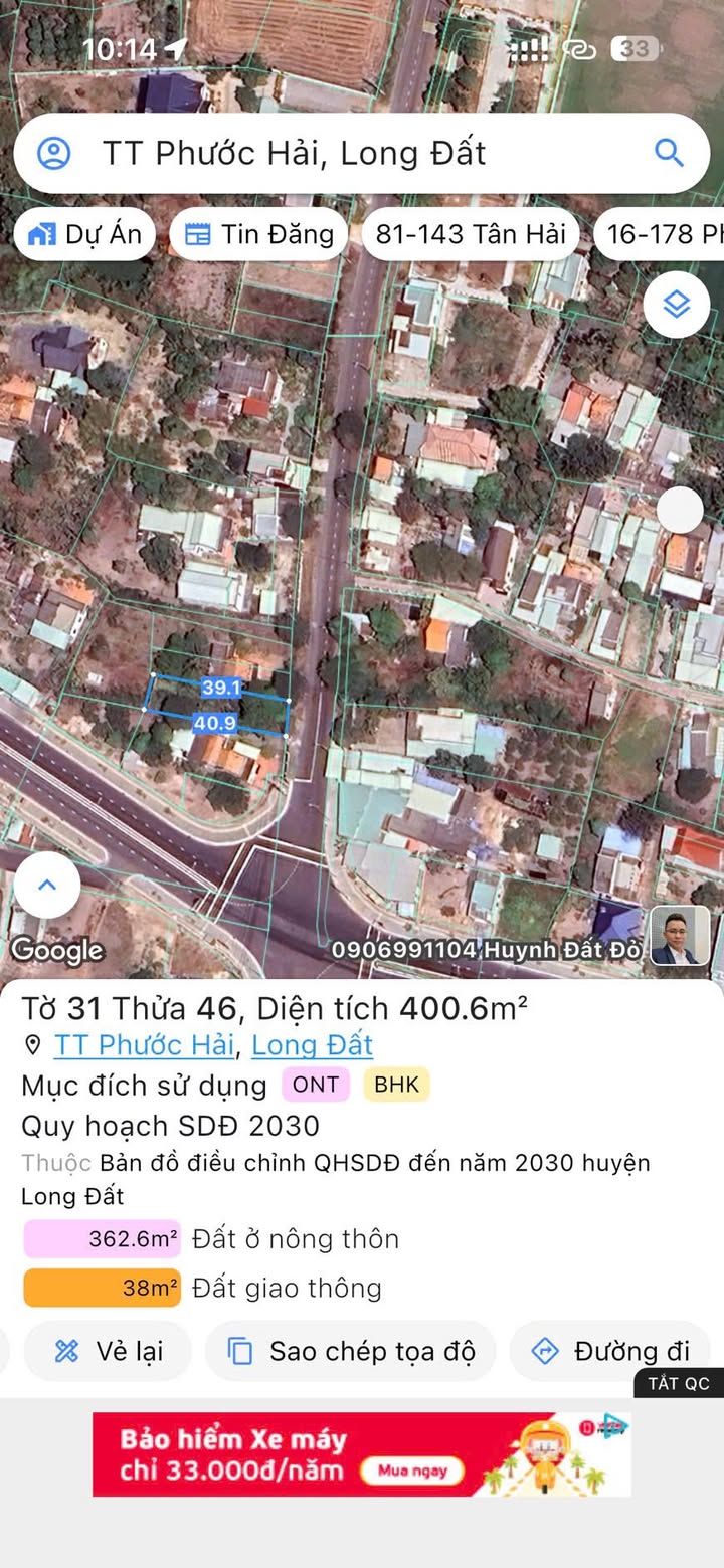Đất thổ cư 400m² tại Thị trấn Phước Hải - Giá chỉ 3.8 tỷ, phù hợp kinh doanh!