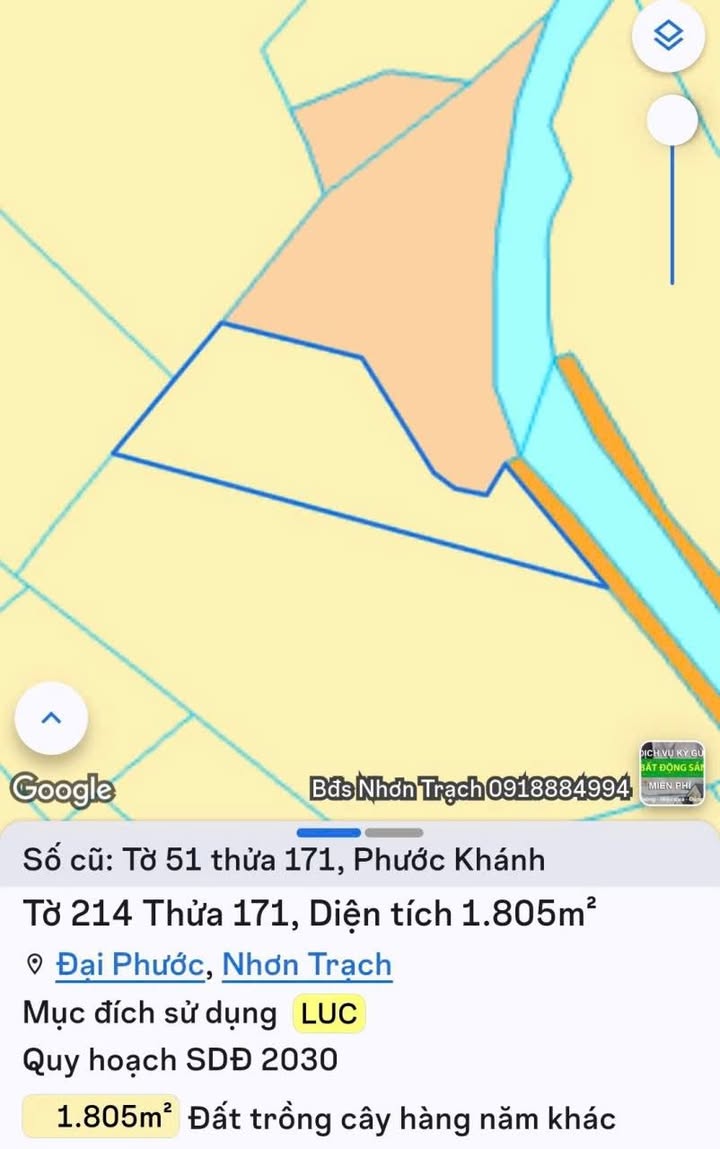 Đất nền xã Đại Phước, huyện Nhơn Trạch 1805m² giá 1.7 tỷ - Sổ hồng riêng, vị trí đẹp!