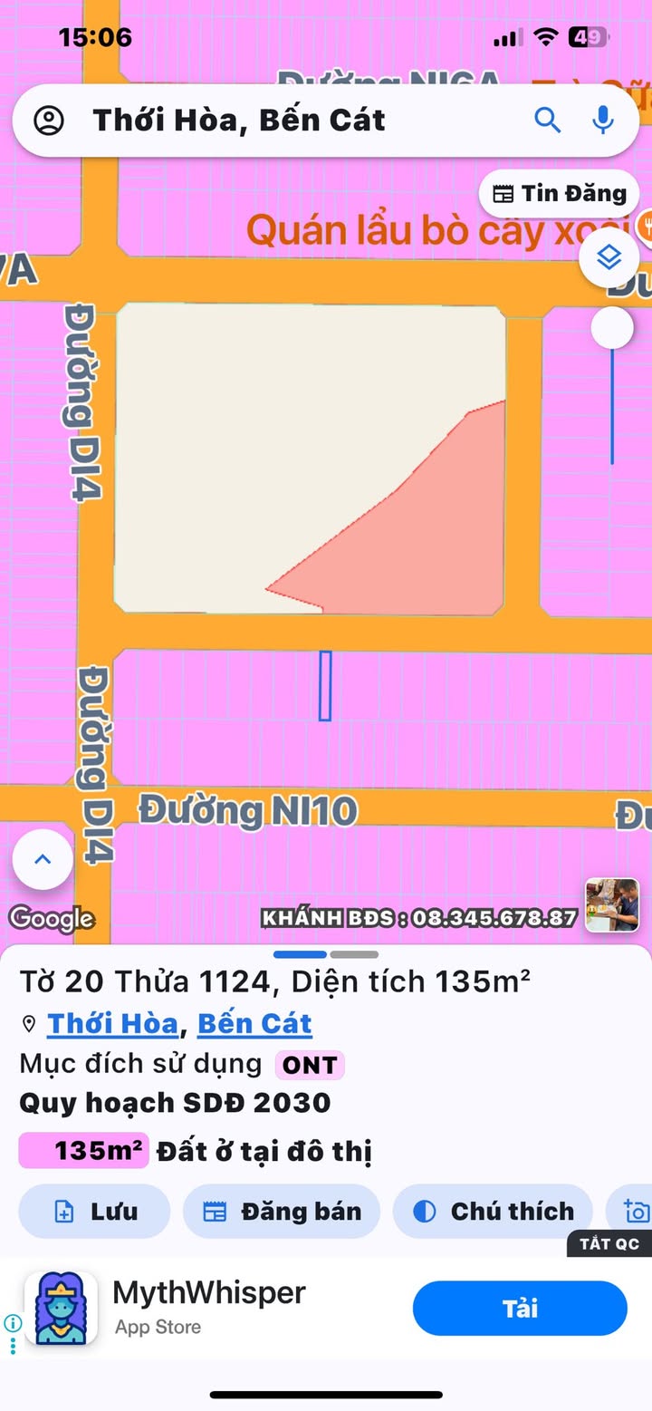 Đất thổ cư 135m² khu I Nhỏ, Bến Cát giá 1.4 tỷ - Đầu tư sinh lời ngay!