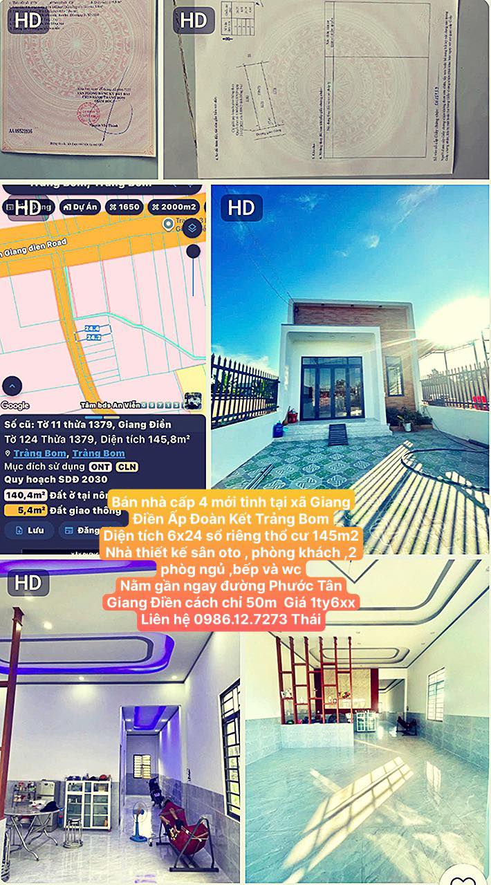 Nhà cấp 4 mới tại xã Giang Điền 145m² giá 1.6 tỷ - Sẵn sàng vào ở!