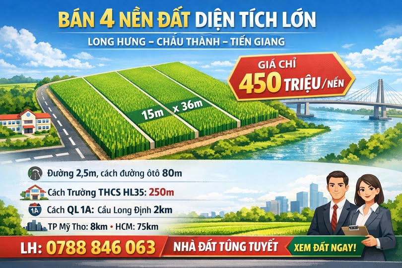 Đất nền 540m² Long Hưng, Châu Thành chỉ 450 triệu - Cơ hội đầu tư tuyệt vời!
