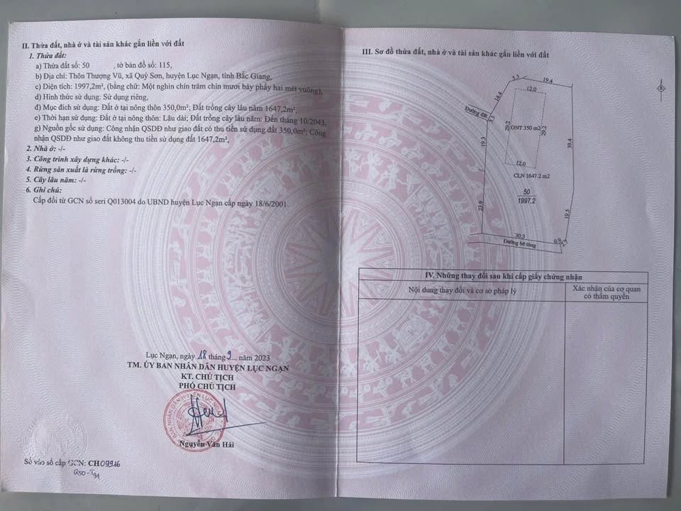 Bán đất chính chủ Thôn Thượng Vũ, Lục Ngạn 1997.2m² - Giá chỉ 1.8 tỷ!