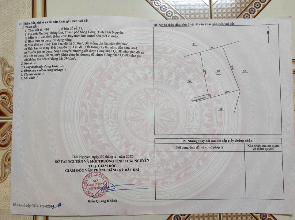 Đất thổ cư 744m² tại Phường Thắng Lợi, Sông Công - Tiềm năng tăng giá cao!