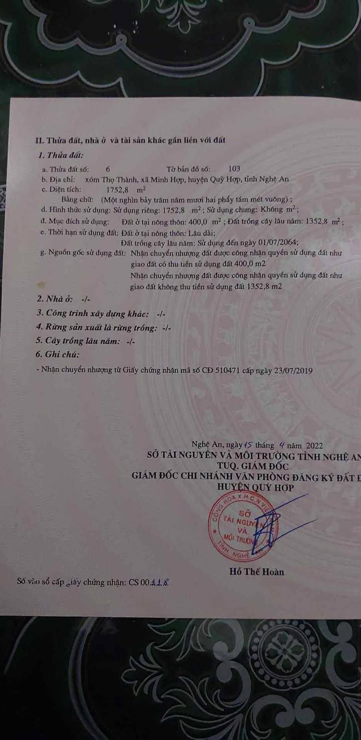 Đất nền đẹp tại Xã Minh Hợp, Huyện Quỳ Hợp 1752m² chỉ 950 triệu - Cơ hội đầu tư tuyệt vời!