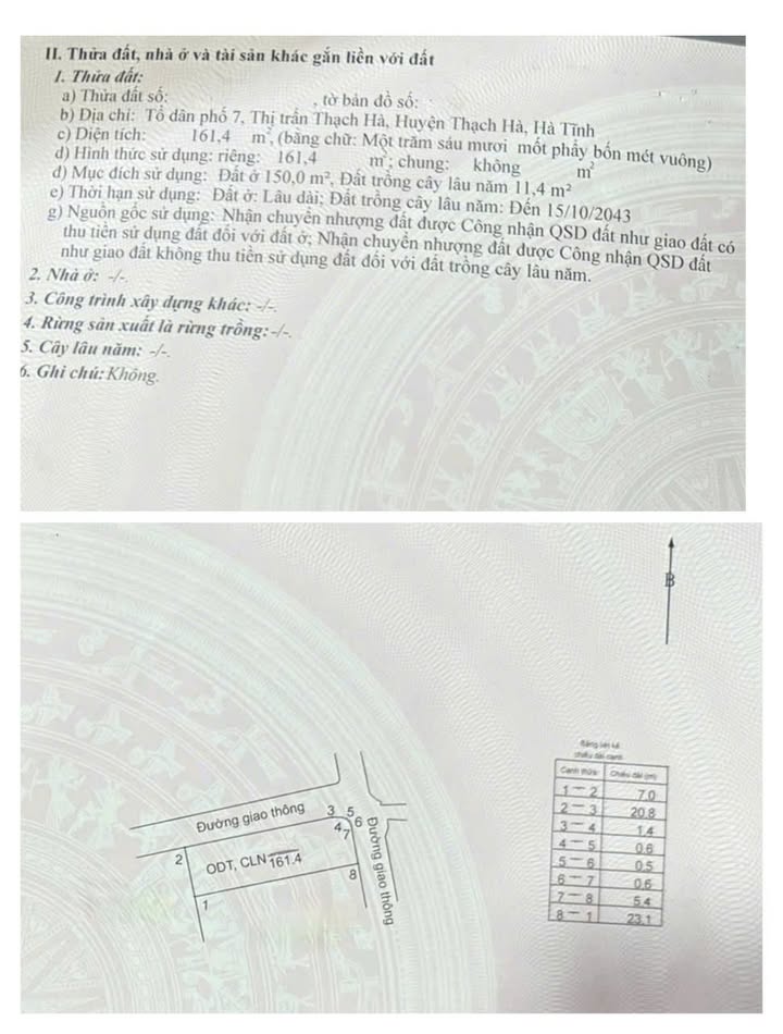 Đất nền TDP 7 Thị trấn Thạch Hà 161,4m² giá 2 tỷ - Sổ đỏ chính chủ, vị trí đẹp!